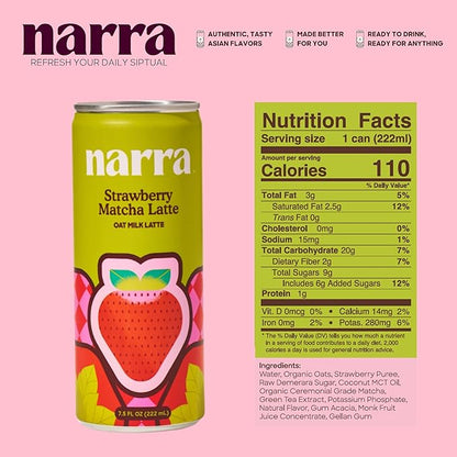 Narra, Oat Milk Tea Latte - Strawberry Matcha Latte, Organic Ceremonial Grade Matcha Natural Caffeine & L-Theanine, MCT Oil, Dairy Free, No Refined Sugar, Non-GMO, 7.5 Fl Oz (12 Pack)