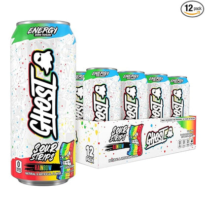 GHOST Energy Drink - 12-Pack, Sour Strips Rainbow, 16oz Cans - Energy & Focus & No Artificial Colors - 200mg of Natural Caffeine, L-Carnitine & Taurine - Gluten-Free & Vegan