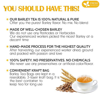 FreshDrinkUS, Premium 120 Barley Tea Bags, 100% Natural & Pure from Barley. Herbal Tea. Made with Natural Material Tea Bags. No Sugar, No Caffeine, No Gluten, Vegan.