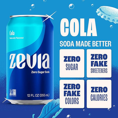 Zevia Zero Sugar Soda, Cola, 12 oz Cans (24-Pack) – Naturally Sweetened, Zero Calorie Sugar Free Soda - Non-GMO Project Verified, Gluten-Free, Vegan