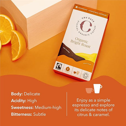 Cru Kafe Bright Roast USDA Organic Espresso Coffee Capsules (10 Pods) Fairtrade Coffee Pods Compatible with Nespresso Original Line and Pixie Machines