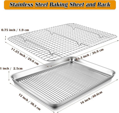 P&P CHEF Baking Oven Pan with Wire Rack, Stainless Steel Baking Oven Sheet Tray, Bacon Pan and Cooling Rack for Cooking Roasting Cookie, Dishwasher Safe & Easy Clean, 16 x 12 x 1 Inch