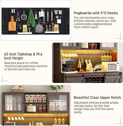 74" Tall 63" Wide Large Coffee Bar Cabinet w/Outlet,6000-color LED Light,Pegboard,Farmhouse Hutch Cabinet w/Barn Door,2 Big Drawers,Adjustable Shelves,10 Wine & Glasses Rack,5 Hook for Kitchen,Brown