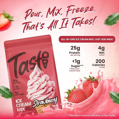 TASTI High-Protein Ice Cream Mix - Strawberry Flavor Low Sugar Ice Cream Powder - Made for Ninja Creami, Soft Serve Mix with 25g Protein, <1g Sugar, 4g Net Carbs