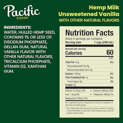 Pacific Foods Unsweetened Vanilla Hemp Milk, Plant Based Milk, 32 oz Carton
