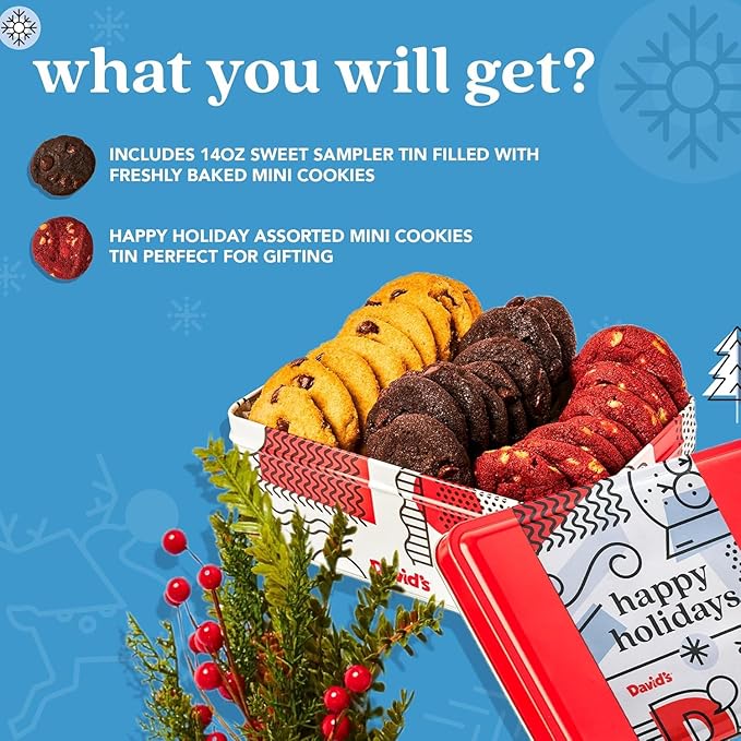 David's Cookies Happy Holidays Mini Cookies in Sweet Sampler Tin - Assorted Mini Christmas Cookies with Chocolate & White Chocolate Chip and Red Velvet - Gourmet Cookie Gift Basket for Christmas 14oz