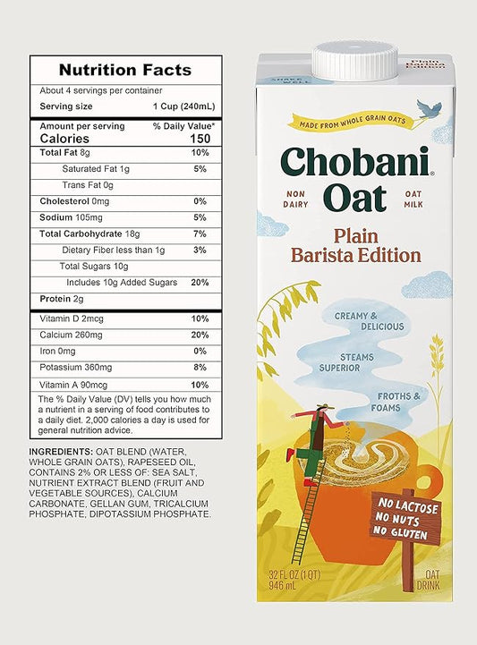 Chobani Oat Milk, Plain Oat Barista Edition, Shelf Stable Non Dairy Milk, Creamer, Vegan Friendly, Gluten-Free, 32 FL OZ (Pack-6)