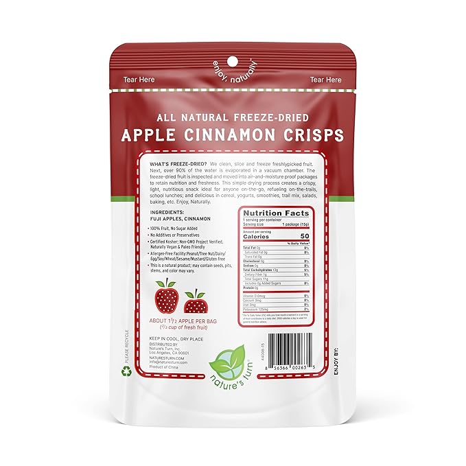 Nature’s Turn Freeze-Dried Apple Cinnamon Crisps – Healthy, Gluten-Free, Crispy & Delicious, Plant-Based Snack, Ideal for Cereal, Smoothies, School Lunches, & On-the-Go, Bags of 12 (0.53 oz Each)