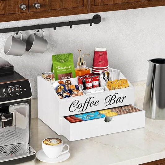 Wooden Coffee Bar Organizer Countertop With Drawer, Station Accessories, Pods Holder Storage Basket, Farmhouse Tea Condiment Organizer