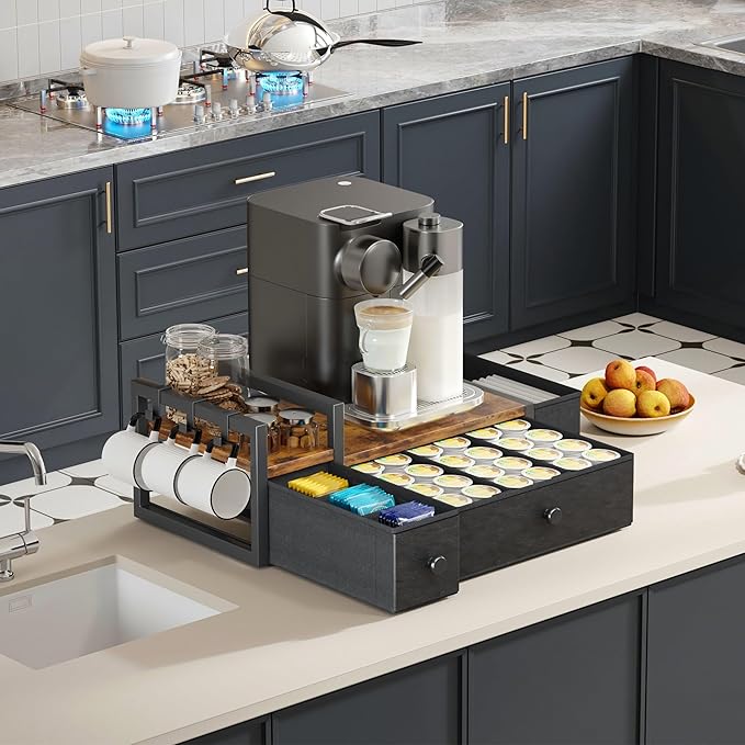Homeiju Coffee Pod Drawers - K Cup Organizer, Nespresso Pods Holder with Mug Rack, Coffee Holder for Countertop, 52 Capacity Pods, Suitable for Kitchens, Offices and Coffee Bars（Patent Pending）