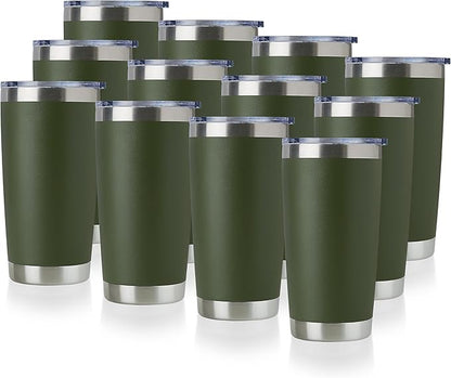 DOMICARE 20oz Stainless Steel Tumbler Bulk with Lid, Double Wall Vacuum Insulated Travel Mug, Powder Coated Coffee Cup (Army Green, 12)
