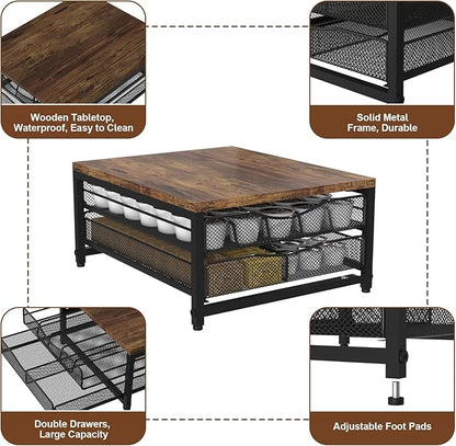 Coffee Pod Holder For Counter, Wooden K Cup Holder with Sliding Drawer, Large Capacity Coffee Pod Storage for Coffee Station, Home, Office, Kitchen