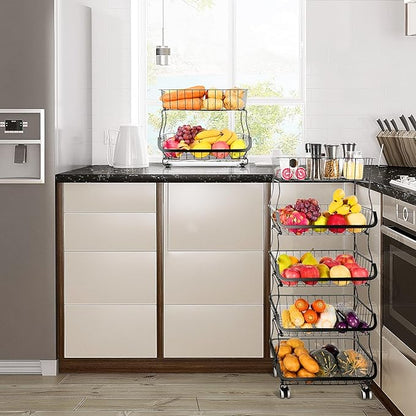Fruit Vegetable Storage Basket, 5 Tier Stackable Metal Wire Storage Baskets with Wheels, Fruit Vegetable Produce Basket Organizer Bins for Kitchen, Pantry, Bathroom