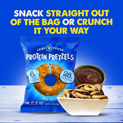Crisp Power Protein Pretzels, Sea Salt, High Protein Vegan Keto Snack, 28 G Plant Based Protein, Low Carb Crunchy Pretzel Snacks, No Added Sugar, No Seed Oils, 1.75 oz Bags, 24 Pack