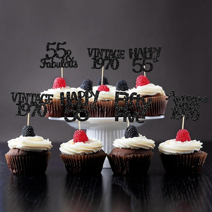 Gyufise 30 Pack Black Glitter Vintage 1970 Cupcake Toppers Glitter 55 Fabulous Happy 55 Cheers to 55 Years Birthday Cupcake Picks 55th Birthday Anniversary Cake Decorations Supplies
