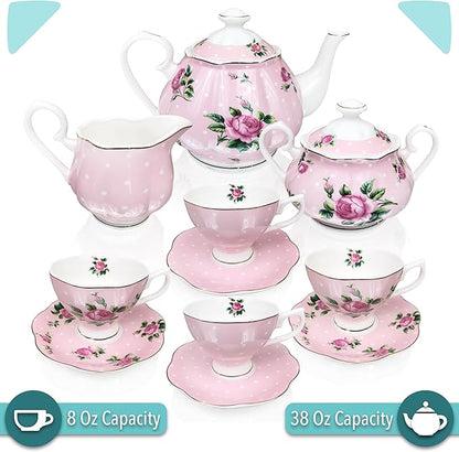 BTaT- Floral Tea Sets for Adults, 13 pcs, Service for 4, Pot (38 oz) & Cups (8 oz) with Saucers, Pastel Pink Floral Design with Gift Box, Porcelain Tea Set for Adult, Dishwasher Safe