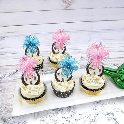Gyufise 30Pcs Foil Firework Cupcake Toppers Sparkle Tinsel Cake Toppers Tinsel Drink Cake Decoration Cocktail Picks for Birthday Wedding Graduation Party Supplies Light Blue Pink