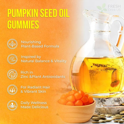FreshDrinkUS, Premium 90 Pumpkin Seed Oil Gummies For Hair Growth, Youthful Skin, 4000mg Per Serving with Zinc & Vitamin C – Plant-Based, Non-GMO, Sugar/Gluten-Free, Men’s & Women’s Wellness Gummies