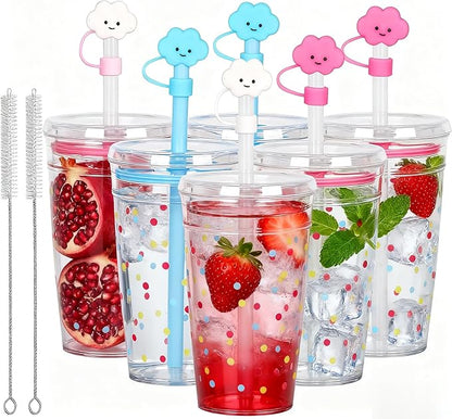 Clear Tumbler Cup, 16 oz Plastic Iced Coffee Cup with Lid and Straw, 6 Pack, Reusable and Dishwasher-Safe, for Gatherings and Outdoor Adventures (6, Dots)