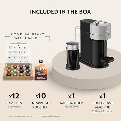 Nespresso Vertuo Next Coffee and Espresso Maker by Breville, with Aeroccino Milk Frother, Light Grey