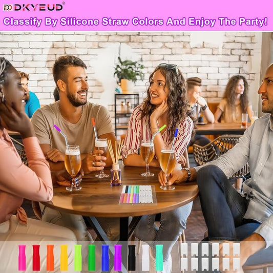 24PCS Food-Grade 12 Colors Metal Straws Reusable Silicone Tips,Silicone Base Sleeve,Only Fit Diameter 0.32In- 8mm Stainless Steel Straws,BPA Free, Eco-Friendly
