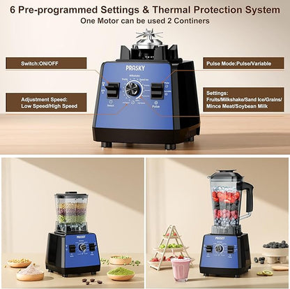 Blenders for Kitchen, Commercial Blender,2400W PRASY Food Processor with 101oz Juice & Grinder Jar, BPA-Free, 25000 RPM Blenders for Smoothies, Ice Crushing, Frozen Fruit (Blue, 2L)