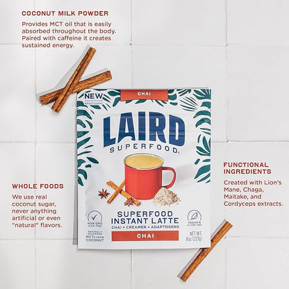 Laird Superfood Chai Instant Latte with Adaptogens - Instant Chai Tea Powder with Superfood Coconut Creamer - Gluten Free, Non-GMO, Vegan, 8 oz. Bag, Pack of 2