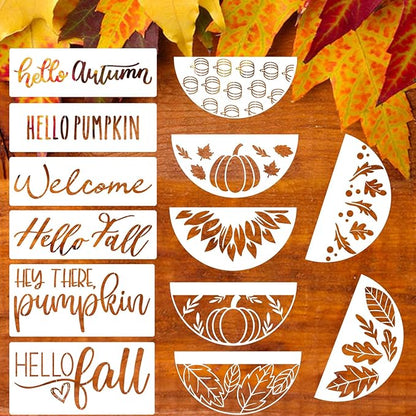 Fall Stencils for Painting on Wood Pumpkin Stencil Fall Leaves Maple Stencil Half Round Hello Autumn Drawing Templates for Door Porch Hanger Fall Wreath Home Decor