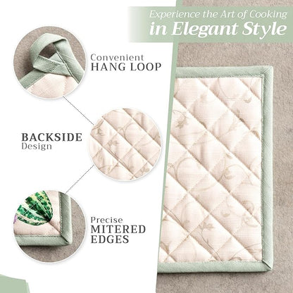 Maison d' Hermine 100% Cotton Oven Mitt & Pot Holder Set (7.5"x13" & 8"x8") Heat Resistant BBQ Cooking Gloves with Loop, Baking, Grilling, Kitchen, Handling Hot Pans (Lumina)