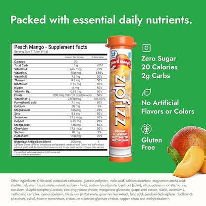 Zipfizz Daily Energy Drink Powder, Peach Mango, 20 Pack | 3-in-1 Sustained Energy, Rapid Hydration, and Essential Vitamins | Sugar-Free | Electrolyte Powder | Contains Vitamin B-12 & Antioxidants