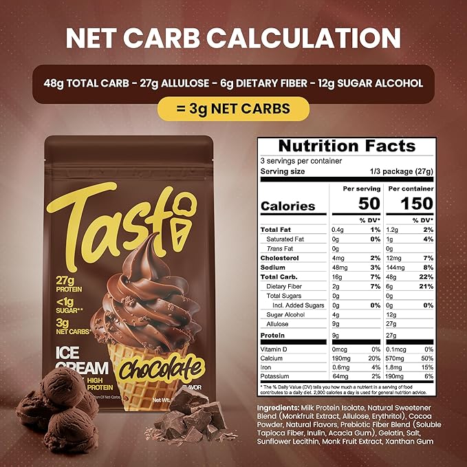 TASTI High-Protein Ice Cream Mix - Chocolate Flavor Low Sugar Ice Cream Powder - Made for Ninja Creami, Soft Serve Mix with 27g Protein, <1g Sugar, 3g Net Carbs