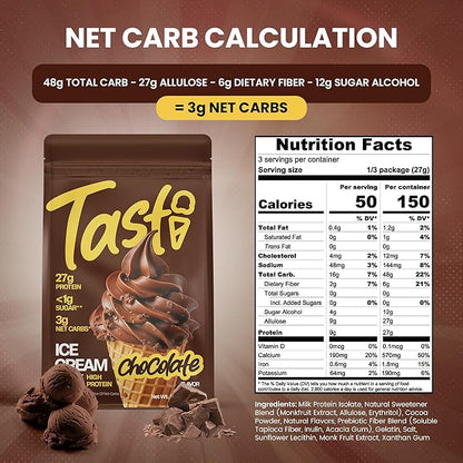 TASTI High-Protein Ice Cream Mix - Chocolate Flavor Low Sugar Ice Cream Powder - Made for Ninja Creami, Soft Serve Mix with 27g Protein, <1g Sugar, 3g Net Carbs