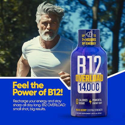 B12 Overload Extra Strength Energy Shot – Mixed Berry – 260mg Caffeine, 14000% B12, Electrolytes – Energy & Vitality Support – Zero Sugar No Calories – Vegan, Kosher, Gluten-Free – 1.93 fl oz, 24-Pack