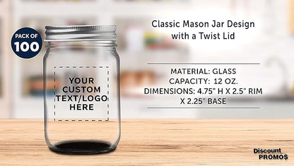 DISCOUNT PROMOS 100 Decorating Mason Jars Set, 12 oz. - Customizable Text, Logo - Canning, Aluminum Lid - Black