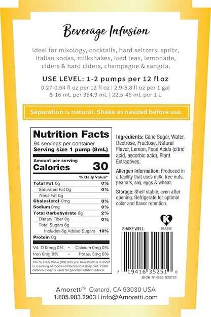 Amoretti - Lemon Beverage Infusion, 94 Servings Per Bottle (750 ml) - Drink Mix & Water Enhancer with Pump for Flavoring Cocktails, Waters, Teas, and other Beverages, Preservative Free
