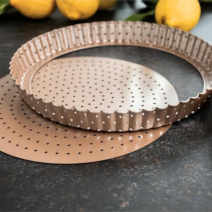 Nonstick 9 Inch Tart Pan with Removable Bottom | PFOA & BPA Free Non Toxic Fluted Pie & Quiche Tin | Best Perforated Non Stick Nontoxic 9in Molds with Holes for Baking