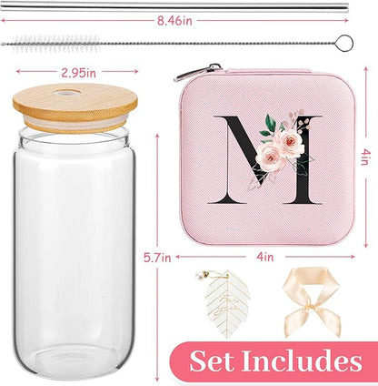 AYGXU Initial Glass Cups with Lids and Straws, Jewelry Case for Women, Jewelry Box Organizer, Coffee Cups, Travel Gifts for Women Essentials, Initial M Pink