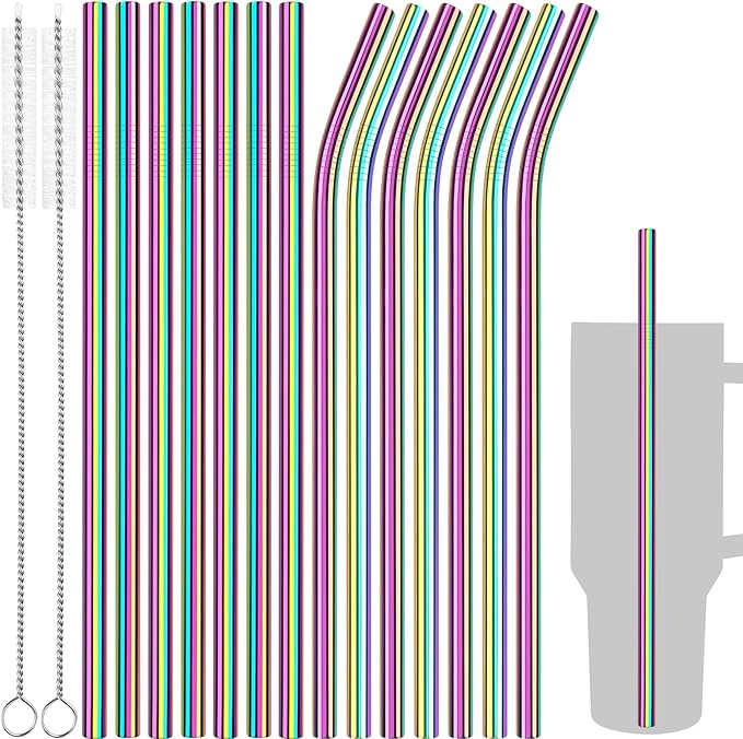 Tomorotec 40oz Straws, 14PCS Stainless Steel Replacement Straws for Stanley 40oz Adventure Quencher Travel Tumblers w/Cleaning Brushes 2PCS, Food-Grade, Dishwasher Safe for Smoothies (Metallic)