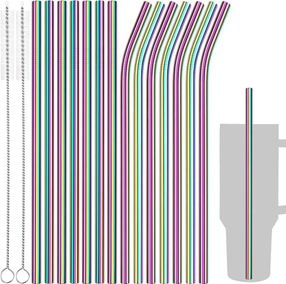 Tomorotec 11 Inch Stainless Steel Reusable Drinking Straws 14PCS & 2 Cleaning Brushes Set with Curved & Straight Designs, Compatible with 30oz Stanley Tumblers, Dishwasher Safe, BPA-Free (Metallic)
