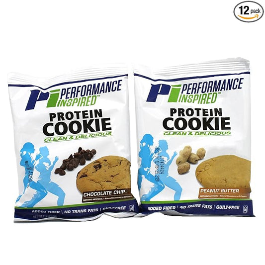 Performance Inspired Nutrition Mixed Protein Cookie Box – 12 Pack – 6 Chocolate Chip & 6 Peanut Butter – 14-15G Protein, 6-7G Fiber – All-Natural, No Sugar Alcohols
