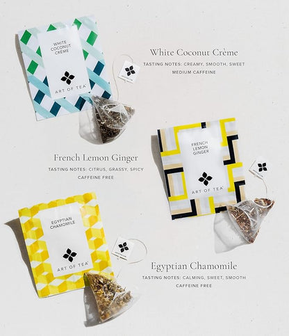 Art of Tea | Assorted Tea Sampler | 12 Count Sampler Box | Breakfast Tea, Earl Grey Creme, Egyptian Chamomile (Non-Caffeinated), French Lemon Ginger (Non-Caffeinated), Green Pomegranate, Mint Green, Tali's Masala Chai, Happy Tea, and White Coconut Creme
