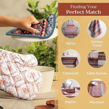 Maison d' Hermine 100% Cotton Oven Mitt & Pot Holder Set (7.5"x13" & 8"x8") Heat Resistant BBQ Cooking Gloves with Loop, Baking, Grilling, Kitchen, Handling Hot Pans (Fair Isle)