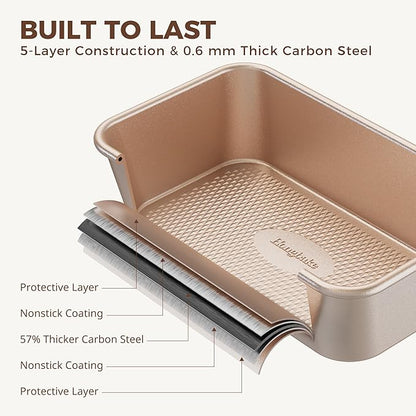 HONGBAKE 9-Piece Baking Pans Set Nonstick, Stackable Non Toxic Bakeware Sets with Diamond Texture, Oven Pan Set for Cooking, Includes Cookie Sheet with Rack, Cake Pan, Roasting Pan, Muffin Tin, Gold