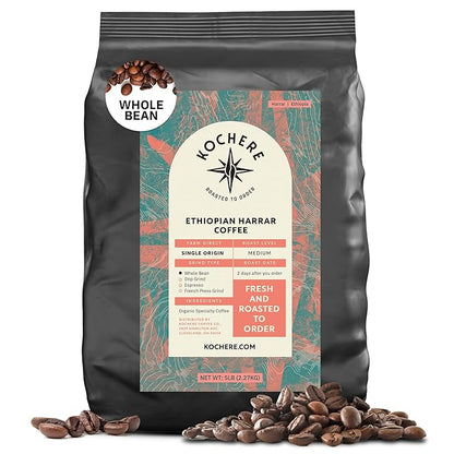 Kochere Ethiopian Harrar Whole Bean Coffee – 5 lb Bag – Organic, Single-Origin, Medium Roast – Artisanal Small-Batch Roasted for Specialty Cafés & Discerning Coffee Lovers