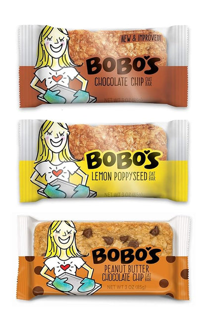 Bobo's Oat Bars, Variety Sampler Flavors, 3 oz Bar, 3 Chocolate Chip, 3 Lemon Poppyseed, 3 Peanut Butter Chocolate Chip, Gluten Free Whole Grain Snack and Breakfast Bar, 9 Pack