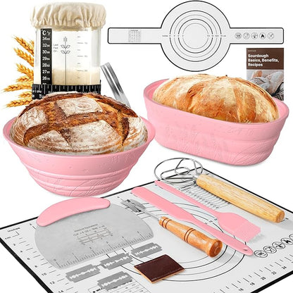 Sourdough Starter Kit with Jar – Complete Sourdough Bread Baking Supplies for Beginners, Includes 2 Silicone Proofing Baskets Baking Mat Sour Dough Kit - Pink