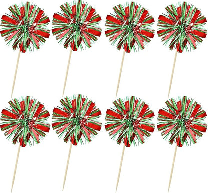 Ephlyn 30Pcs Foil Firework Cupcake Toppers Sparkle Tinsel Drink Birthday Cake Decorations Cocktail Food Fruit Toothpick for New Years Wedding Birthday Party Decorations Red Green
