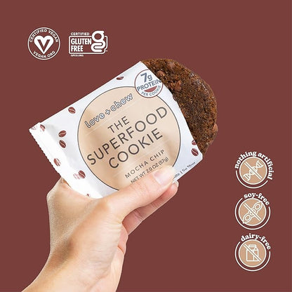 Love + Chew Superfood Soft Baked Cookies, Mocha Chip Flavor, Plant Based Cookie Made With Coffee Extract & Dark Chocolate for Kids and Adults, Vegan Snacks, Gluten Free, Paleo, Non GMO, 60 Pack