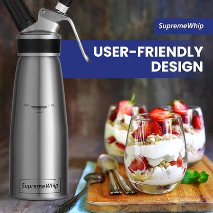 PRO Cream Dispenser, Durable High-Grip, Metal Lid with Rubber, 3 Nozzles, for Hot/Cold Use, Cleaning Brush Included, Silver - 500 ml / 1 Pint