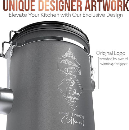 Large Coffee Canister – Airtight Stainless Steel Storage Container with Date Tracker & Scoop, Sealed Jar for Grounds, Beans, Tea, Flour, Cereal, and Sugar (Gray Home, 38OZ)